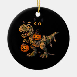 Black Cat Riding Mummy T-Rex - Cute Halloween Dino Julgransprydnad Keramik