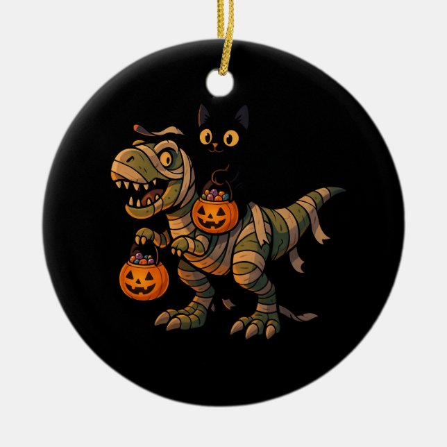 Black Cat Riding Mummy T-Rex - Cute Halloween Dino Julgransprydnad Keramik (Framsidan)