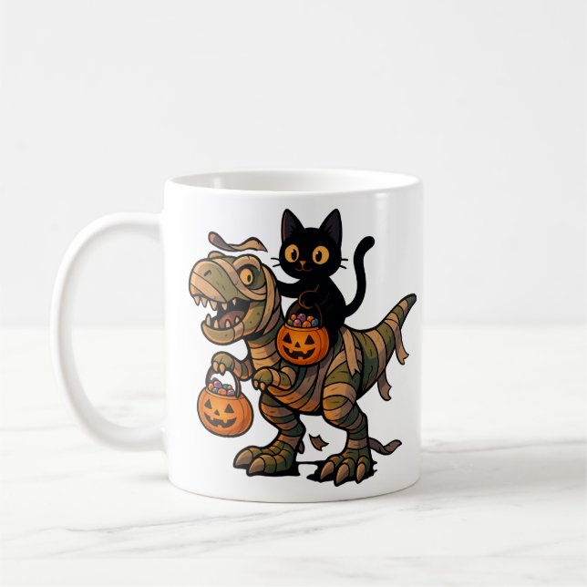 Black Cat Riding Mummy T-Rex - Cute Halloween Dino Kaffemugg (Vänster)