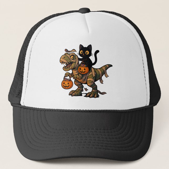 Black Cat Riding Mummy T-Rex - Cute Halloween Dino Keps (Framsida)