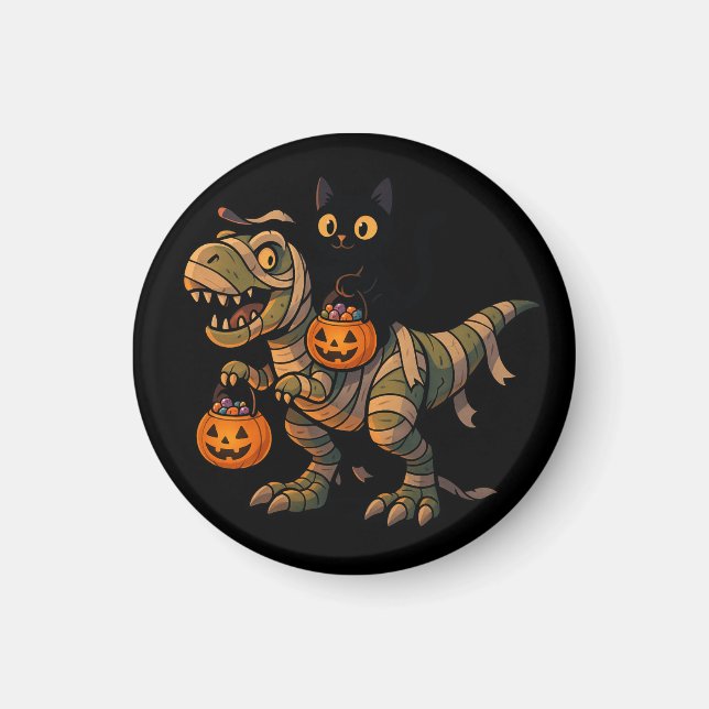 Black Cat Riding Mummy T-Rex - Cute Halloween Dino Magnet (Framsidan)