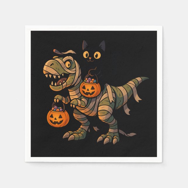 Black Cat Riding Mummy T-Rex - Cute Halloween Dino Pappersservett (Framsidan)