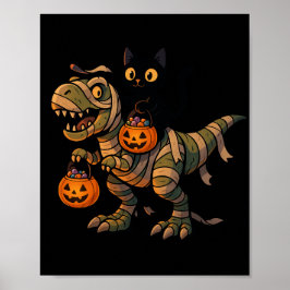 Black Cat Riding Mummy T-Rex - Cute Halloween Dino Poster