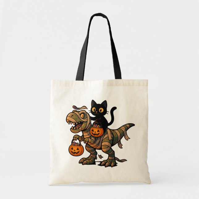 Black Cat Riding Mummy T-Rex - Cute Halloween Dino Tygkasse (Framsidan)