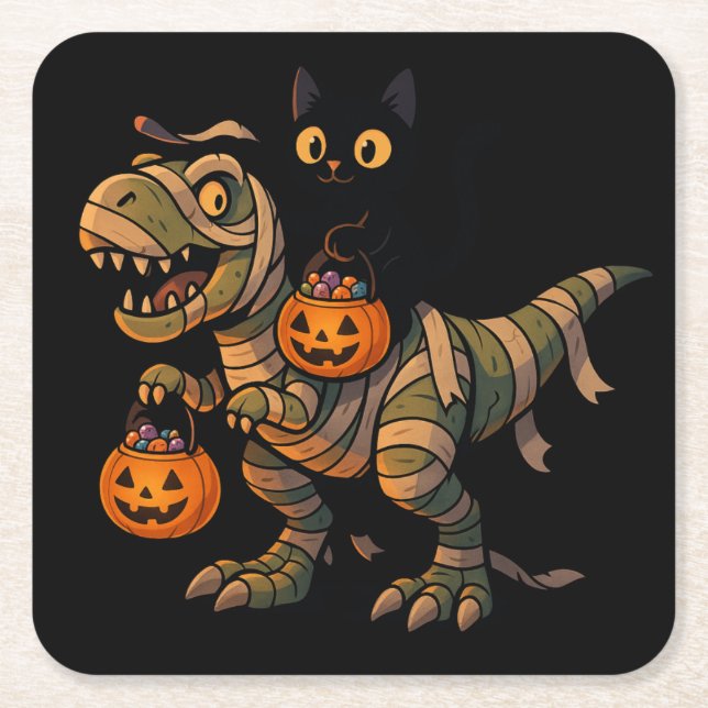Black Cat Riding Mummy T-Rex - Cute Halloween Dino Underlägg Papper Kvadrat (Framsidan)