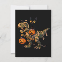 Black Cat Riding Mummy T-Rex - Cute Halloween Dino Vykort