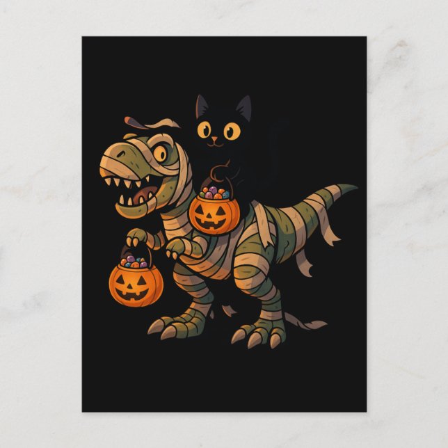 Black Cat Riding Mummy T-Rex - Cute Halloween Dino Vykort (Framsida)