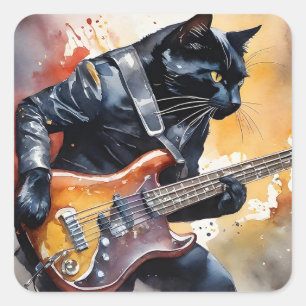 Black Cat Rockstjärna Leather Jacka som spelar git Fyrkantigt Klistermärke