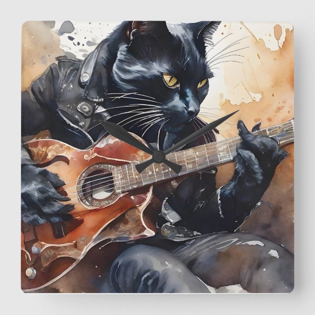 Black Cat Rockstjärna som spelar Guitar Leather Ja Fyrkantig Klocka (Framsida)