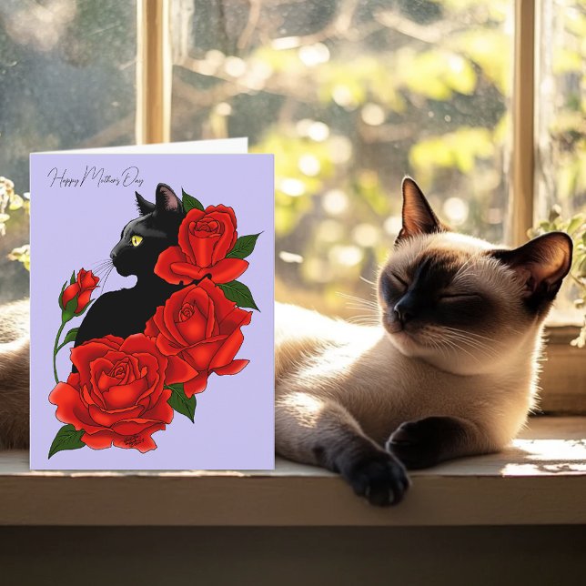 Black Cat Röd ros Lila Mors dag Card Kort (Skapare uppladdad)