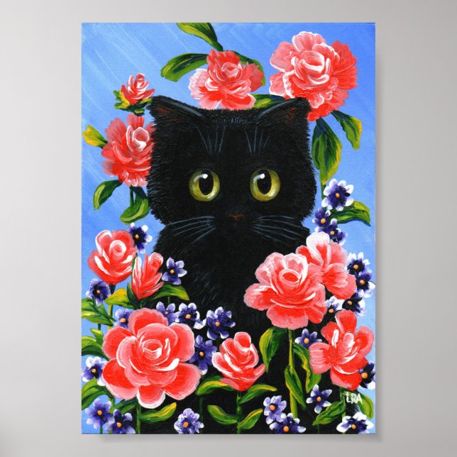 Black Cat Röd ros, sommarkonst Poster (Framsidan)