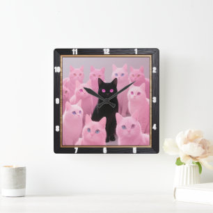 Black Cat Rosa Cats Fyrkantig Klocka