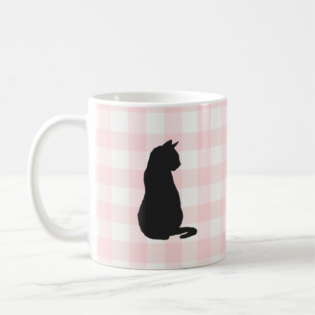 Black Cat Rosa Check Mönster Coffee Mugg (Vänster)