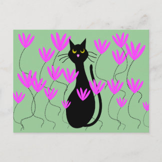 Black Cat Rosa Flowers-kort Vykort
