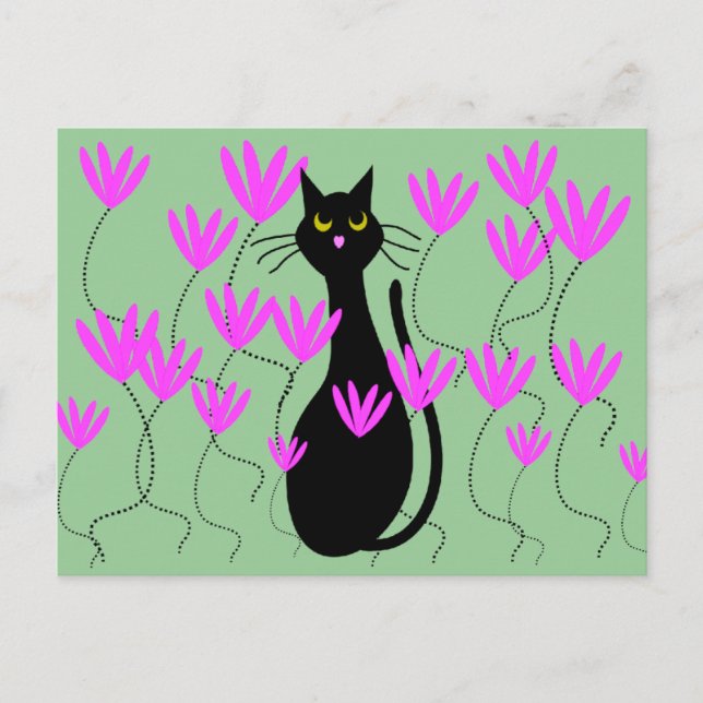 Black Cat Rosa Flowers-kort Vykort (Framsida)