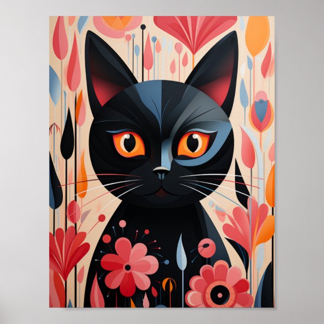 Black Cat Rosa Flowers Poster (Framsidan)