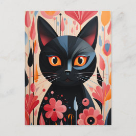 Black Cat Rosa Flowers Vykort