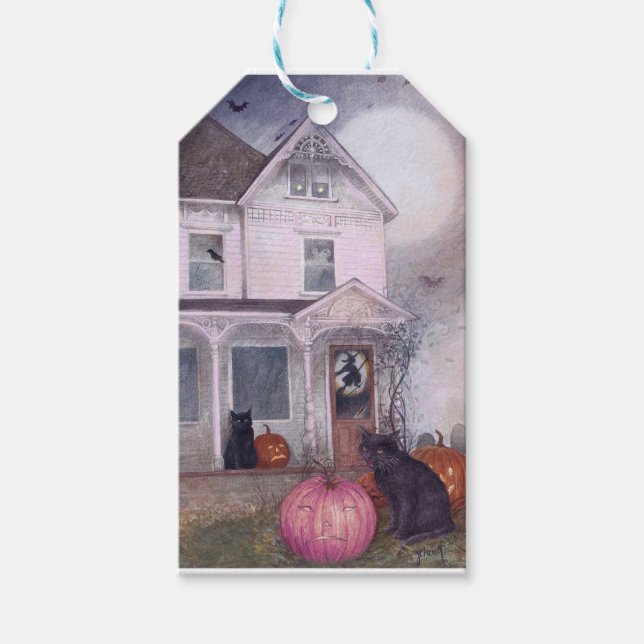 Black Cat Rosa Pumpkin & Haunted House Halloween Presentetikett (Framsidan)