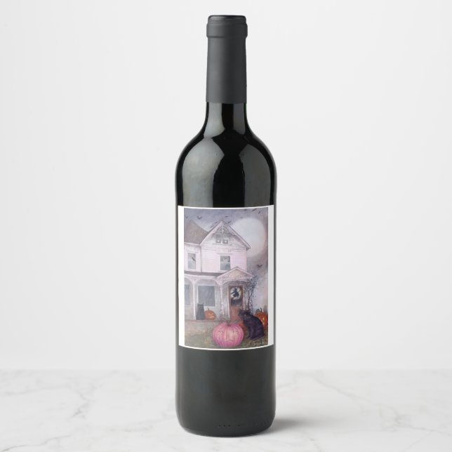 Black Cat Rosa Pumpkin & Haunted House Halloween Vinflaska Etikett (Framsida)