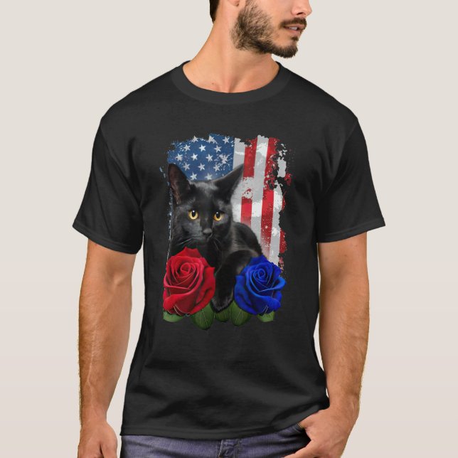 Black Cat Rose American Flag Happy 4th Of July T Shirt (Framsida)