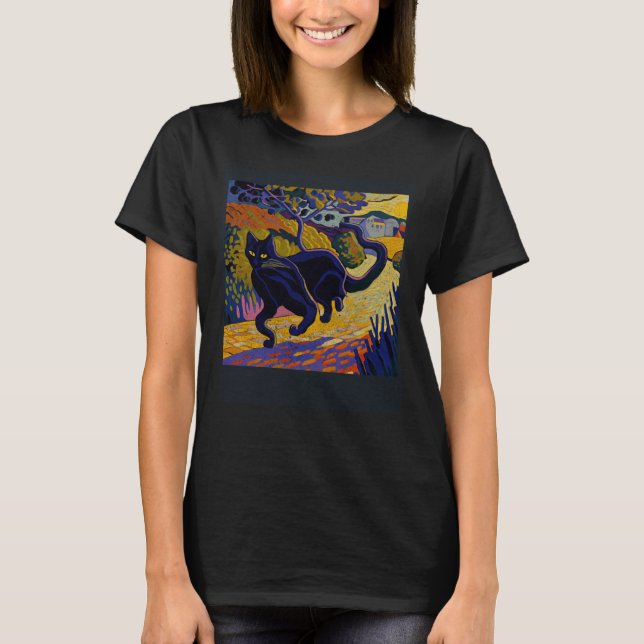 Black Cat Running Colorful T Shirt (Framsida)