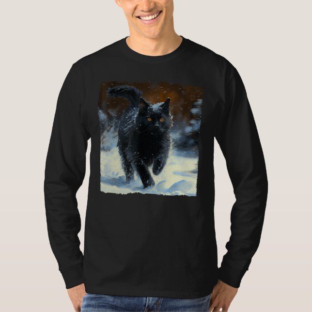Black Cat Running Snow T Shirt (Framsida)