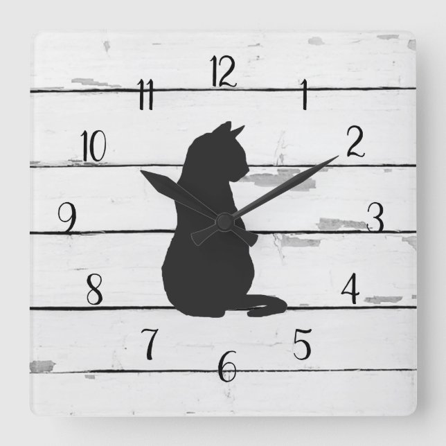Black Cat Rustic Shiplap Farmhouse Decor Fyrkantig Klocka (Framsida)