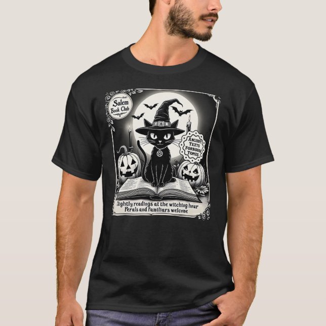 Black Cat Salem Witch Book Club Spooky Halloween B T Shirt (Framsida)