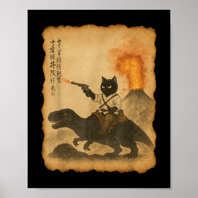 Black Cat Samurai Riding Dinosaur Volcanic Eruptio Poster (Framsidan)