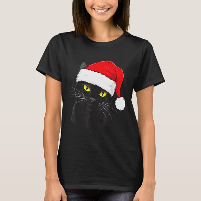 Black Cat Santa Hat Christmas  T Shirt (Framsida)