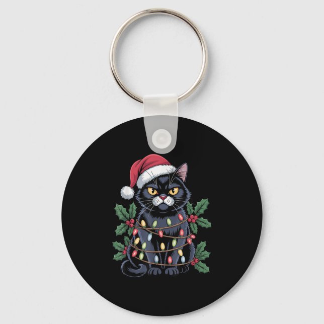 Black Cat Santa Hat Julgran Ljus Funny Pe Nyckelring (Framsida)