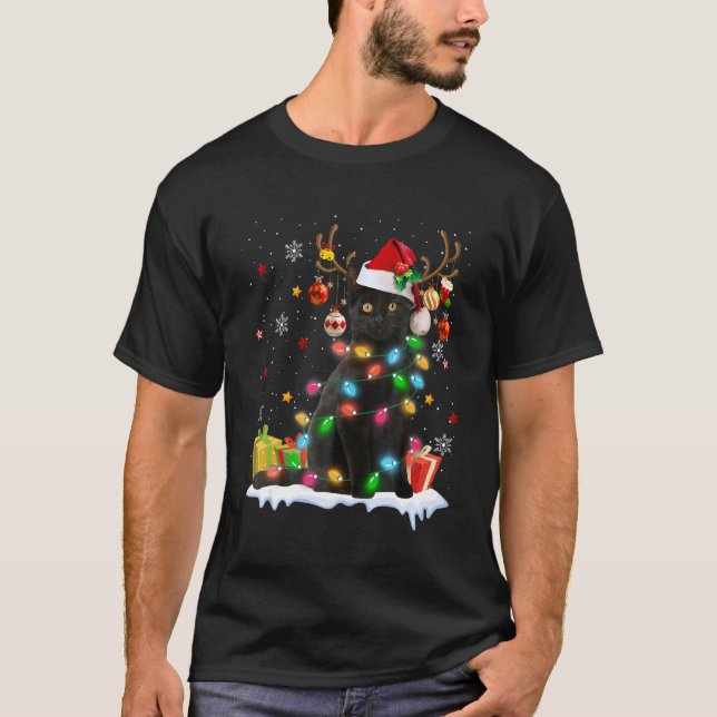 Black Cat Santa Hat Reindeer Christmas Lights Cat  T Shirt (Framsida)