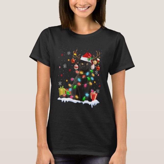 Black Cat Santa Hat Reindeer Christmas Lights Cat  T Shirt (Framsida)