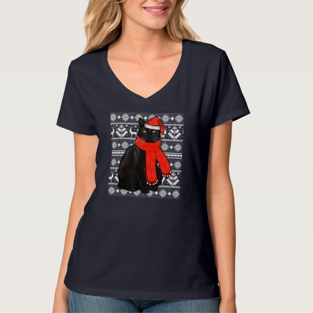 Black Cat Santa Hat Ugly jul Sweater Funny X T Shirt (Framsida)