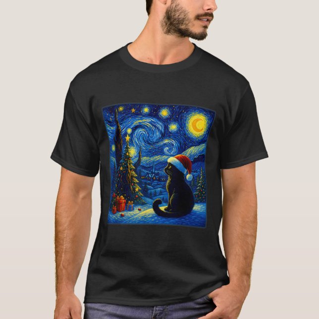 Black Cat Santa Hat Van Gogh Starry Night Christma T Shirt (Framsida)