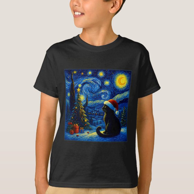 Black Cat Santa Hat Van Gogh Starry Night Christma T Shirt (Framsida)