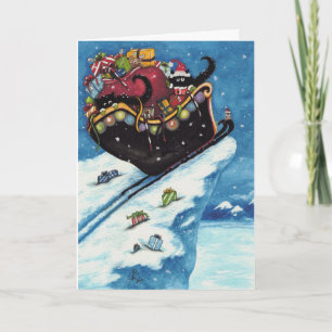 Black Cat Santa Sleigh av Bihrle Helgkort