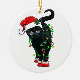 Black Cat Santa Tanglade upp i Ljus på jul Julgransprydnad Keramik