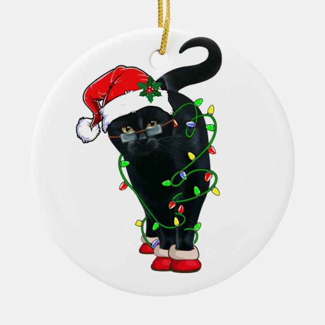 Black Cat Santa Tanglade upp i Ljus på jul Julgransprydnad Keramik (Framsidan)