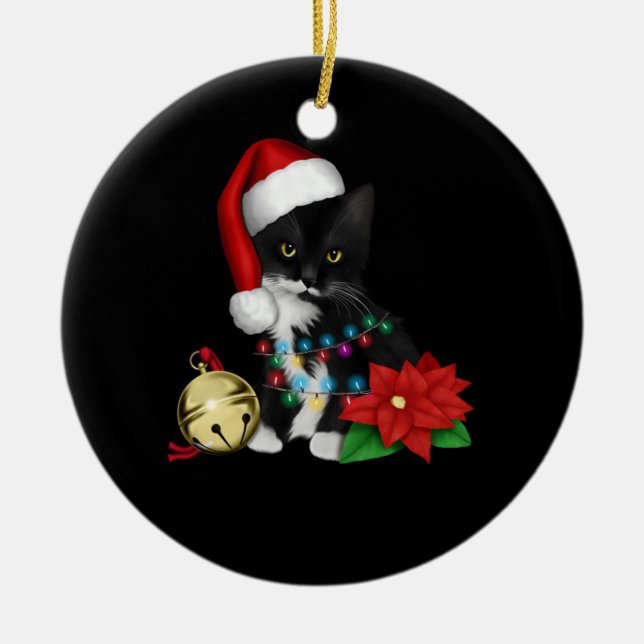 Black Cat Santa Tanglade upp i Ljus på jul Julgransprydnad Keramik (Framsidan)