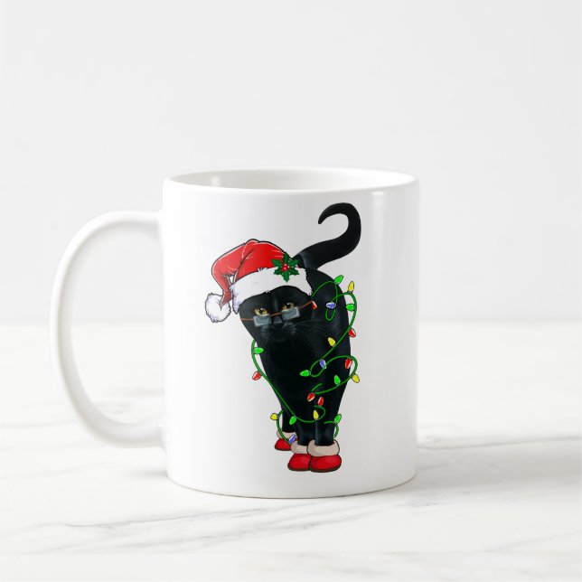 Black Cat Santa Tanglade upp i Ljus på jul Kaffemugg (Vänster)