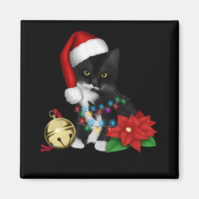 Black Cat Santa Tanglade upp i Ljus på jul Magnet (Framsidan)