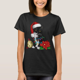 Black Cat Santa Tanglade upp i Ljus på jul T Shirt