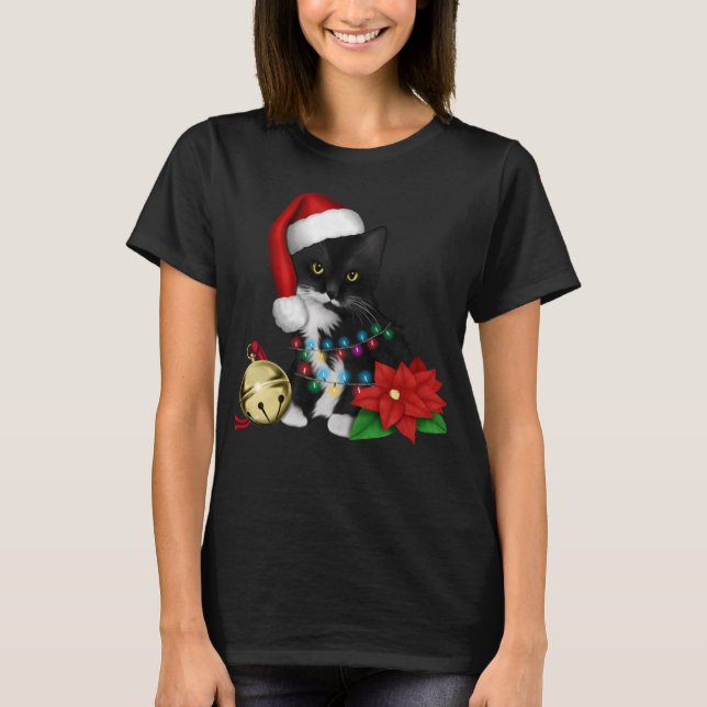 Black Cat Santa Tanglade upp i Ljus på jul T Shirt (Framsida)