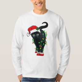 Black Cat Santa Tanglade upp i Ljus på jul T Shirt