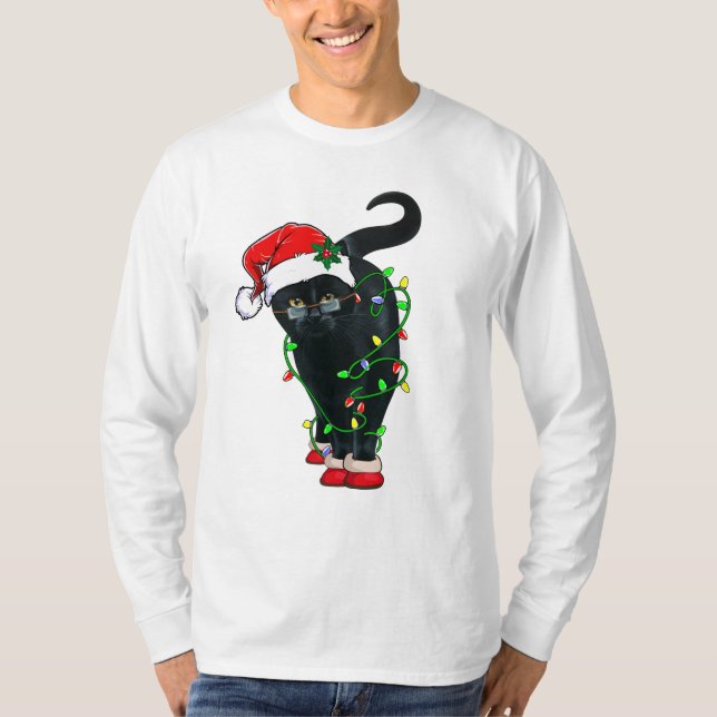 Black Cat Santa Tanglade upp i Ljus på jul T Shirt (Framsida)