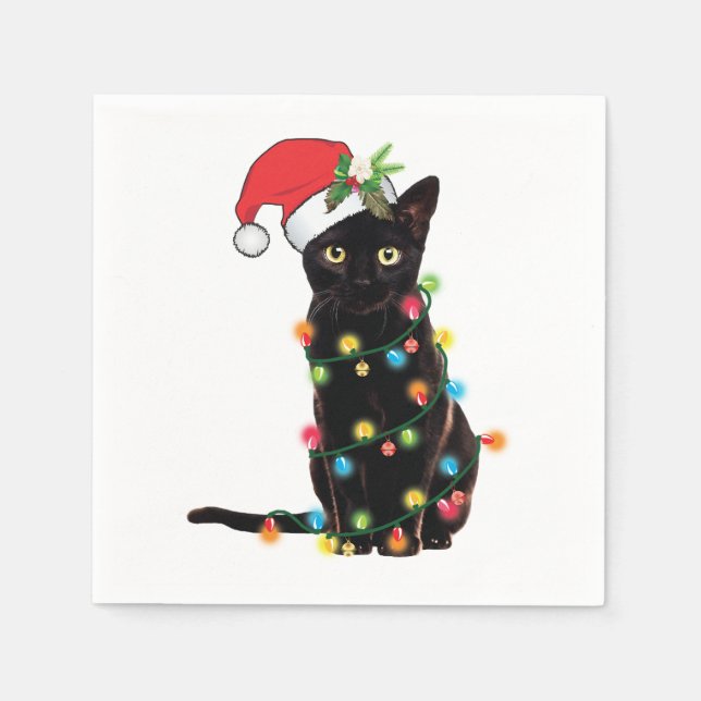 Black Cat Santa Tanglade upp i Ljus Swe Pappersservett (Framsidan)