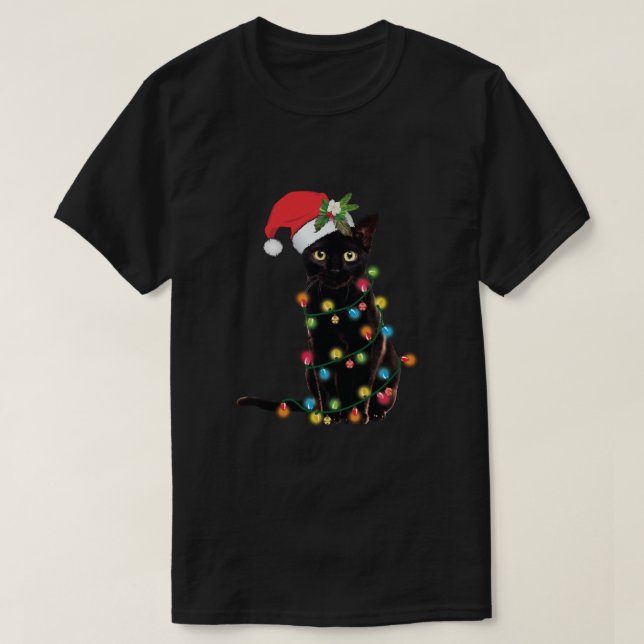 Black Cat Santa Tanglade upp i Ljus Swe T Shirt (Design framsida)