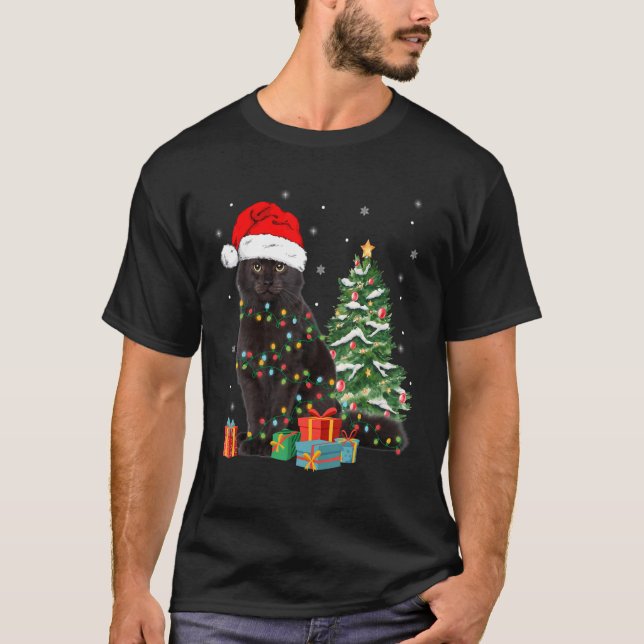 Black Cat Santa Tanglade upp i Ljus Xma T Shirt (Framsida)