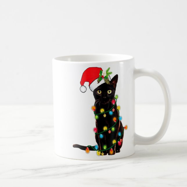 Black Cat Santa Tangled Up In Christmas Lights _1  Kaffemugg (Höger)